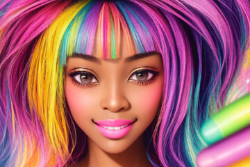 Fototapeta premium Beautiful African American girl with multicolored hair. Generative AI.