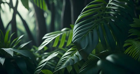 tropical vegetation, jungle in soft light, leaves, AI generated illustration