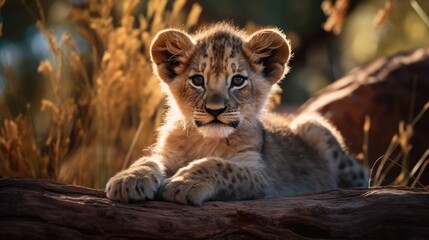 Obraz premium Cute young lion on savanna