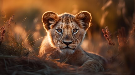Obraz premium Cute young lion on savanna