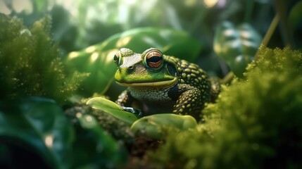 Cute little green frog peeking out from behind the leaves