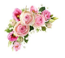 Pink rose, eustoma and gypsophila flowers in a corner floral arrangement isolated on white or transparent background - 609479047