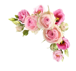 Foto auf Acrylglas Dämmerung Pink rose and eustoma flowers in a corner floral arrangement isolated on white or transparent background