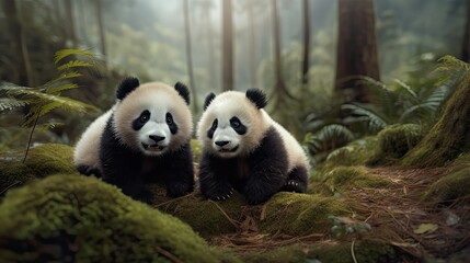 Fototapeta na wymiar Cute little pandas in the forest
