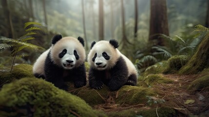 Naklejka premium Cute little pandas in the forest