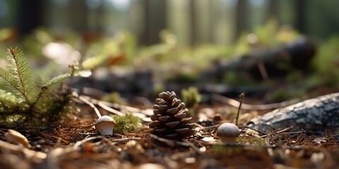 AI Generated. AI Generative. Close macro shot illustration of wild forest cone grass elements. Adventure outdoor vibe. Graphic Art