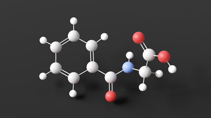 hippuric acid molecule, molecular structure, carboxylic acid, ball and stick 3d model, structural chemical formula with colored atoms
