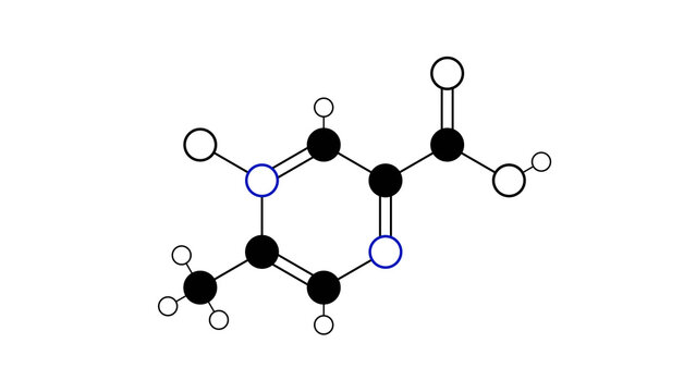 acipimox molecule, structural chemical formula, ball-and-stick model, isolated image olbetam