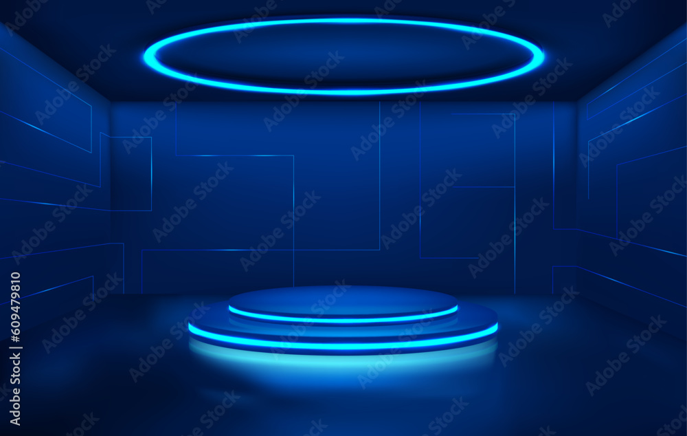 Poster futuristic 3d studio with an empty podium, a round neon lamp on top, with a neon glow and a glossy s
