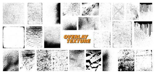 Diverse Overlay Texture graphic set. Halftone stamp, effects: grunge, paper, torn, old, concrete, grainy, dust. Overlay texture with great detail, square and rectangular shapes. Halftone stamp. Vector
