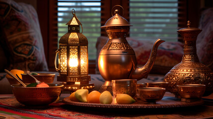 Fototapeta na wymiar Traditional Islamic holiday, Eid al Adha, Ramadan, tea ceremony, traditions, evening, night
