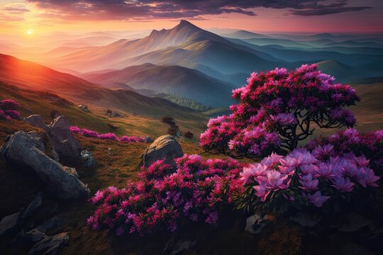 Rhododendron blooms in pink towards the end of summer. Europes Carpathian Mountains are the setting. wallpaper with colorful photos. Image of a strange landscape. Explore the beauty of Generative AI