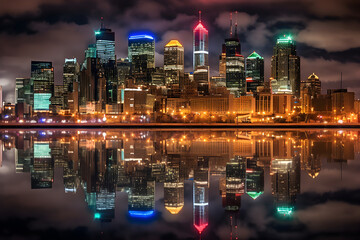city skyline at night with water reflection