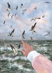 Modern Boho Sea Beach with Waves Art Print. Abstract Minimal Background. Hand pointing at the seagulls on the sea.Bohemian printable wall art, boho poster, pastel abstract art, landscape drawing, sea 