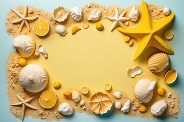 Obraz premium The concept of summer Stunning starfish and seashells are shown in a flat lay composition in the top perspective on a cheerful table. Generative AI