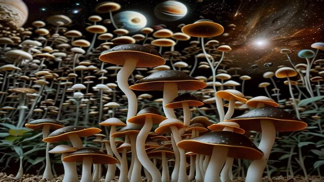 Psilocybe cyanescens magic mushrooms approaching Jupiter, a.i. generated