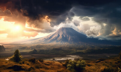 arid dry African savanna in late evening with Mount Kilimanjaro, highest peak i Africa