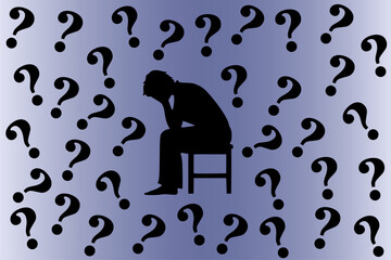 Concept of depression, anxiety, sadness and hopelessness. Silhouette of a person sitting and holding a bowed head, with a bunch of question marks surrounding him. Vector illustration	
