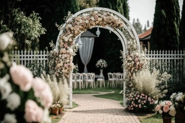 the unions ceremony. In the yard, a stunning and stylish wedding arch was decorated with plenty of new flowers. The wedding day. Fresh floral wedding with peonies. Generative AI