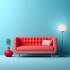 Red accent couch on a blue wall with a light