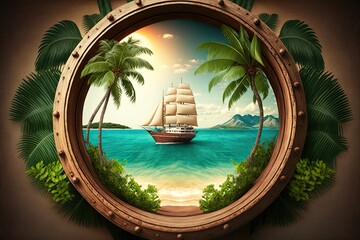 In a wooden helm, a beautiful tropical landscape with palm trees and a beach is shown. Unusual. Generative AI