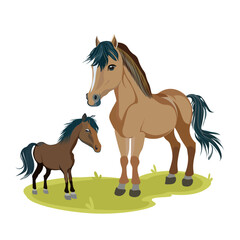 Cute Icelandic horse and foal on the green lawn in cartoonish style