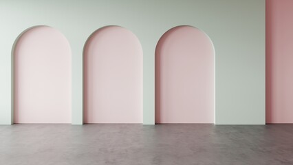 Empty modern interior pink trend  living room with arch door wall design, concrete floor, mint and pink color wall. Illustration. Architecture arched wall niche features