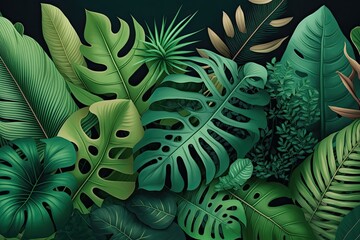 Illustration of tropical trees and foliage for digital printing wallpaper, custom design wallpaper. Generative AI