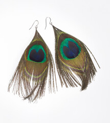 peacock feather earrings isolated on white background