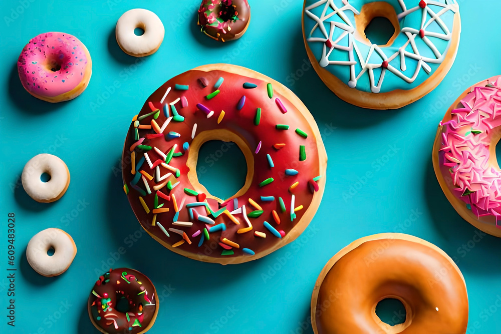 Poster a vibrant display of donuts generously coated with colorful sprinkles, creating a playful and whimsi