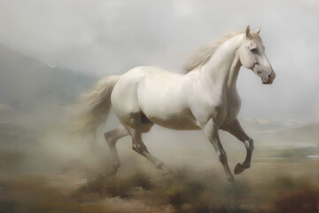 Fototapeta na wymiar Running white light gray horse head vintage oil painting. Animal art, wall painting, wall art, artist, poster, print on canvas, horizontal, 16:9, 4:3, 