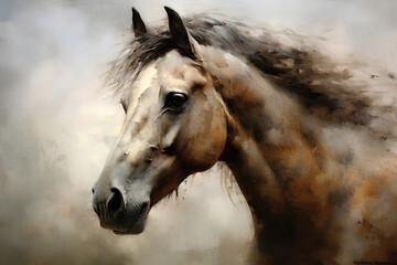 Running brown bay horse head vintage oil painting. Animal art, wall painting, wall art, artist, poster, print on canvas, horizontal, 16:9, 4:3, 
