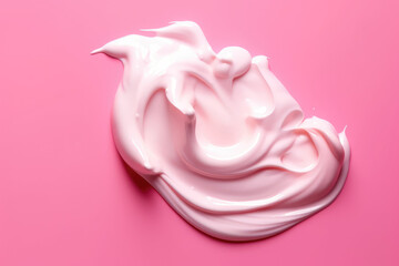 Top view of a smear of white thick cream isolated on a flat pink background surface with copy space for text. Cosmetic cream, white paint. Generative AI professional photo imitation.