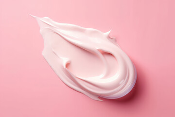 Top view of a smear of white thick cream isolated on a flat pink background surface with copy space. Cosmetic cream or white paint. Generative AI professional photo imitation.