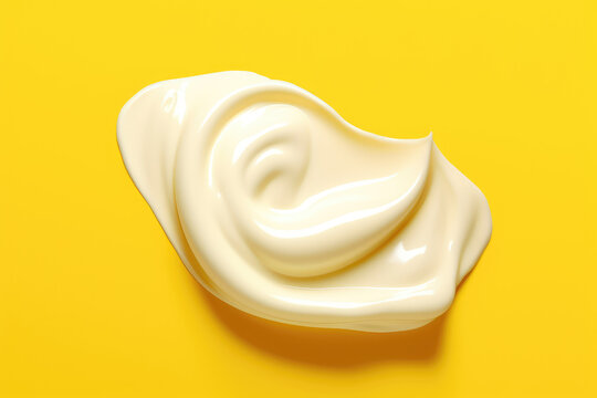 Top view of a smear of white thick cream isolated on a flat yellow background surface with copy space. Cosmetic cream, white paint. Generative AI professional photo imitation.