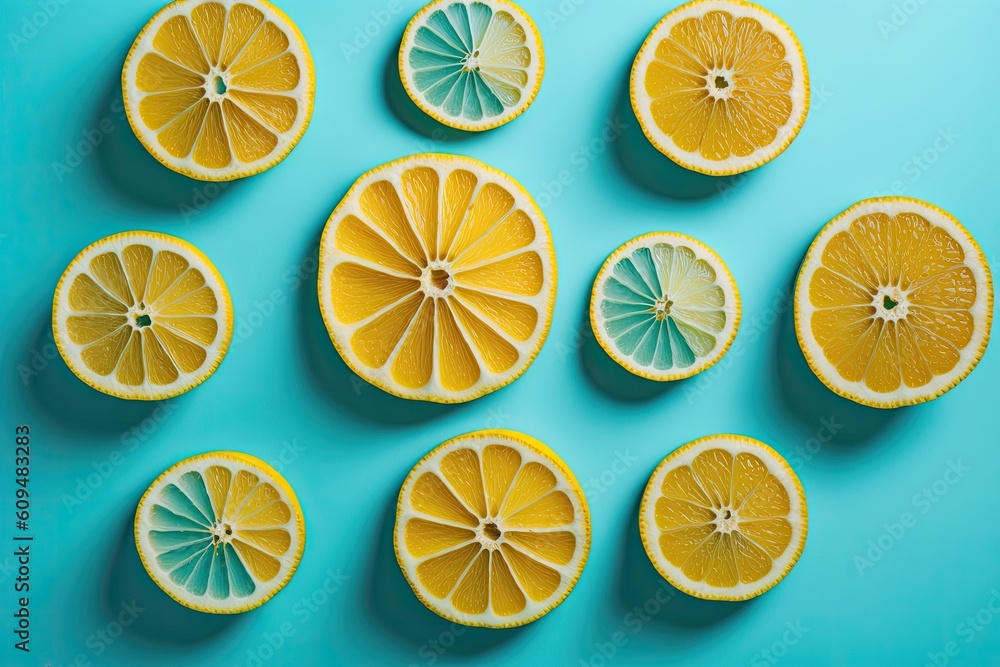 Poster of lemon wedges against a beautiful blue background. food texture is maintained to a minimum with fl