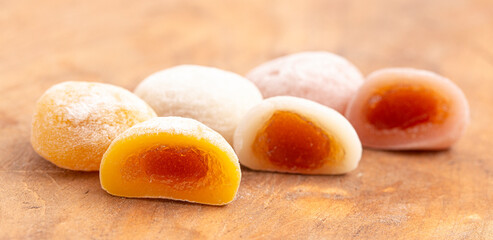Line of Mochi Soft Rice Dumplings with Tropical Fruit Filling