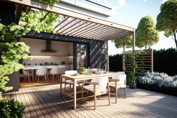 Fototapeta na wymiar Urban patio image with natural flora and teak wood floors.Pergola bioclimatic with table, seats, and BBQ. Generative AI