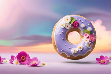 a dreamy scene of floating donuts adorned with edible flowers, sparkling glaze, and ethereal clouds, set against a soft purple background