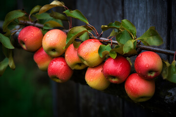 red apples on a branch on a dark background. AI generated. Generative AI