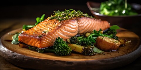 AI Generated. AI Generative. Photo illustration of bbq grilled fresh baked steak salmon with salad. Graphic Art