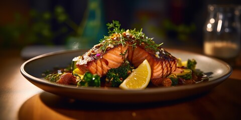 Fototapeta na wymiar AI Generated. AI Generative. Photo illustration of bbq grilled fresh baked steak salmon with salad. Graphic Art
