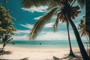 Look at the tropical beach with palm palms. Generative AI
