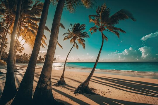 In Punta Cana, Dominican Republic, coconut palm trees stand out against a clear sky and a gorgeous beach. backdrop wallpaper for holidays and vacations. A lovely tropical beach is seen. Generative AI