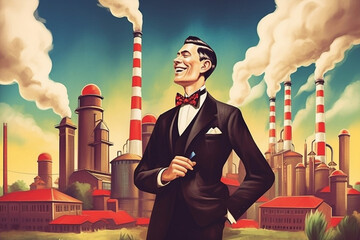 Crooked businessman in front of a polluting factory