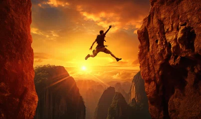 Tuinposter A man climbing  on top of a mountain as the sun sets. Goals and achievements concept photo composite. © STORYTELLER AI