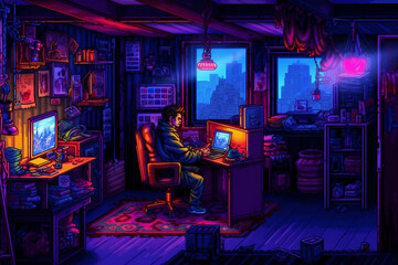 A hacker working at night