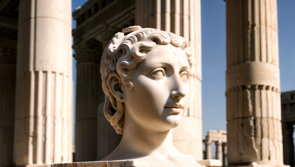 Marble statue representing a female figure in a Roman temple background