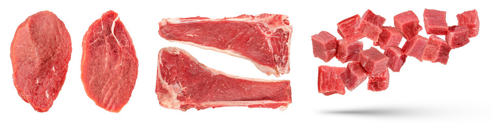 Pieces of beef. Set of large pieces of beef, with a bone, isolated on a white background. Pieces...