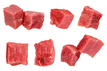 Pieces of raw beef. Set of fresh beef cubes isolated on white background. Isolate of beef cubes to...